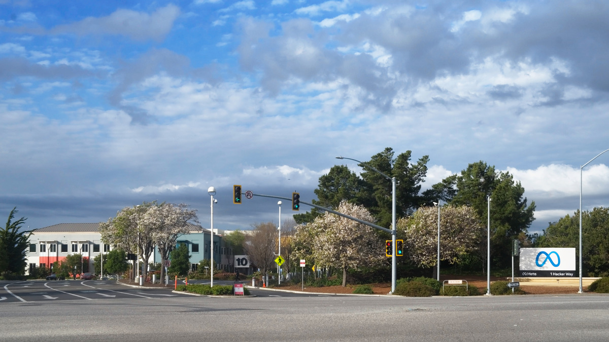 Meta headquarters entrance at 1 Hacker Way in Menlo Park, California