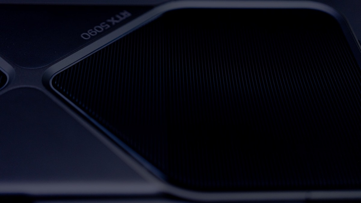 RTX 5090 graphics card close-up showing the branded heatsink shroud