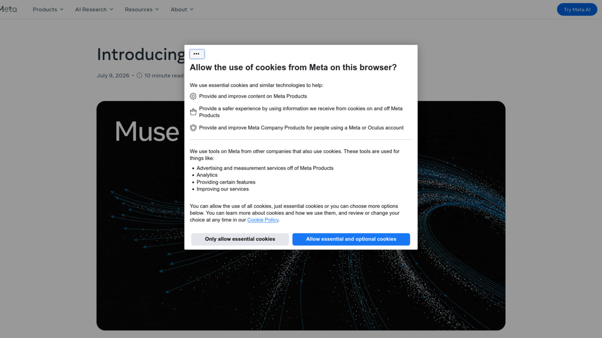 Muse Spark 1.1 announcement on Meta's AI blog showing agentic coding demos and partner integrations