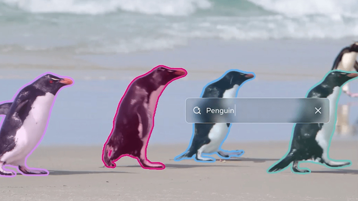 Meta SAM 3 segmenting and tracking multiple objects across video frames with colored mask overlays