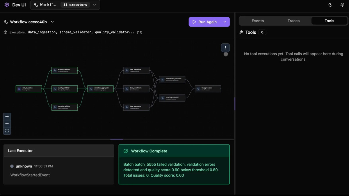 Microsoft Agent Framework v1.0 developer UI showing YAML agent definition and multi-agent orchestration panel