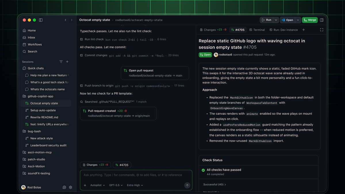 GitHub Copilot Desktop app interface showing the split-view UI layout