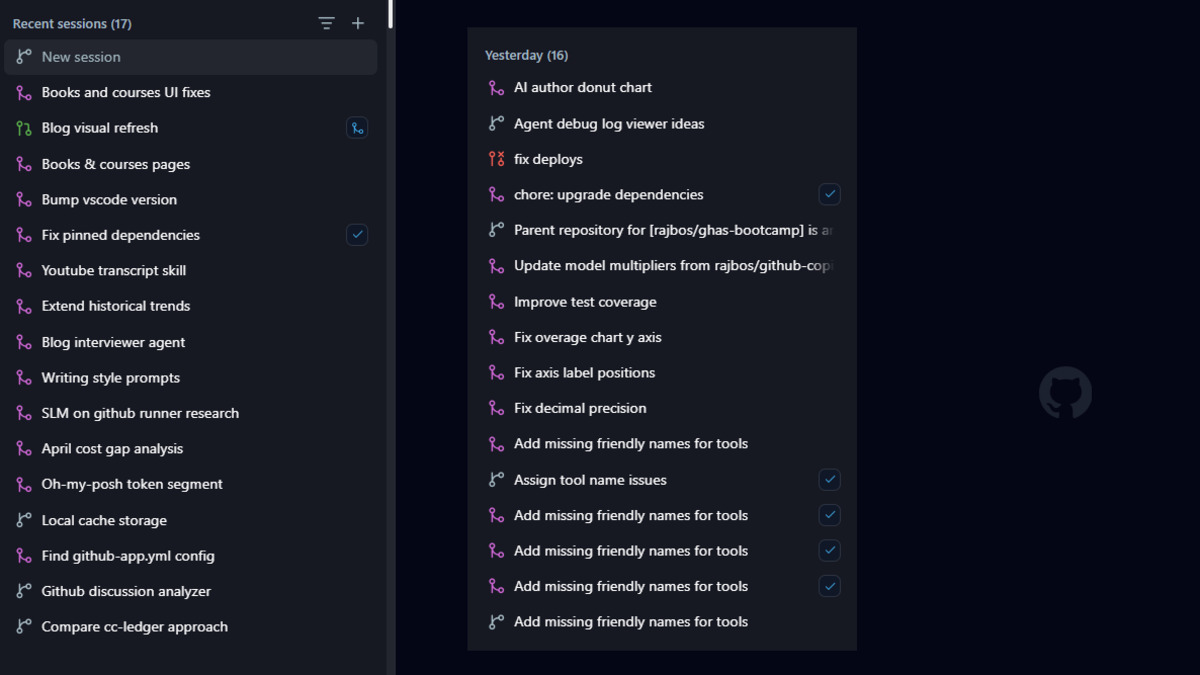 Session overview showing parallel worktrees in GitHub Copilot Desktop