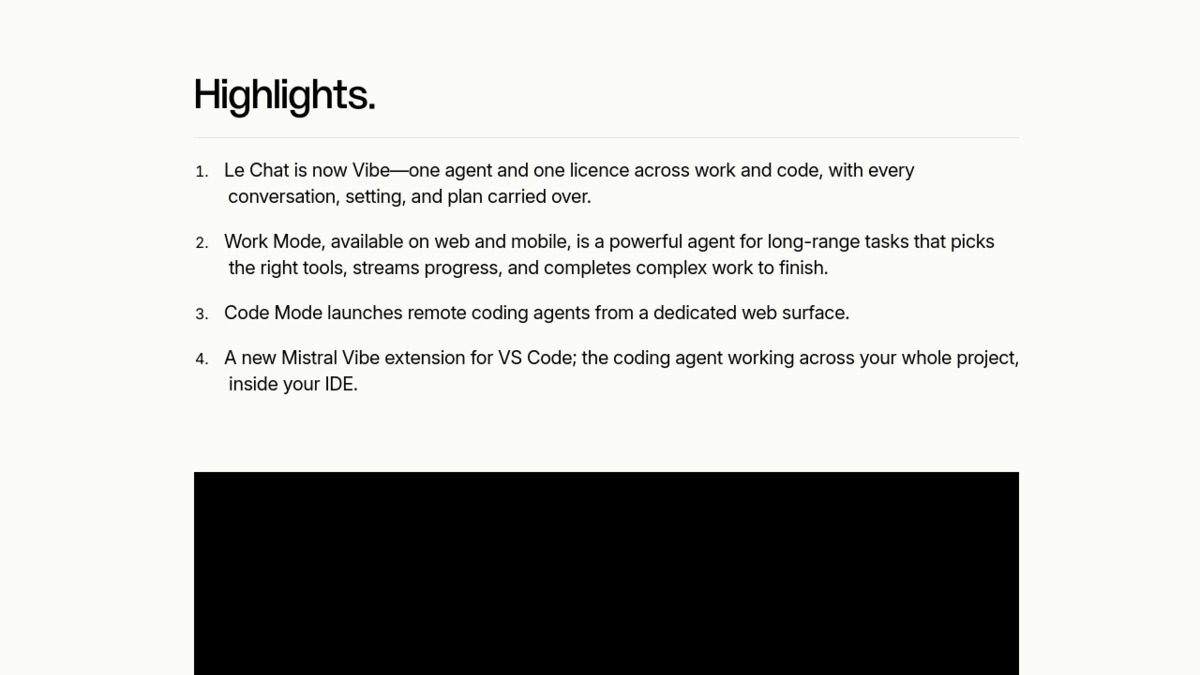 Mistral Vibe announcement page showing the four key highlights