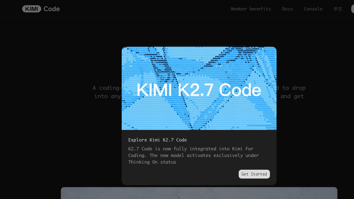Kimi Code product page showing K2.7-Code integration