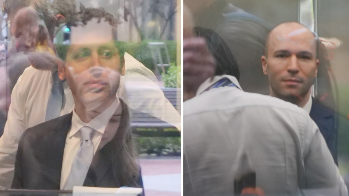 Sam Altman and Greg Brockman at the Oakland courthouse on April 27 for jury selection