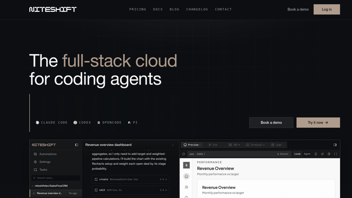 Niteshift platform homepage showing coding agent cloud interface