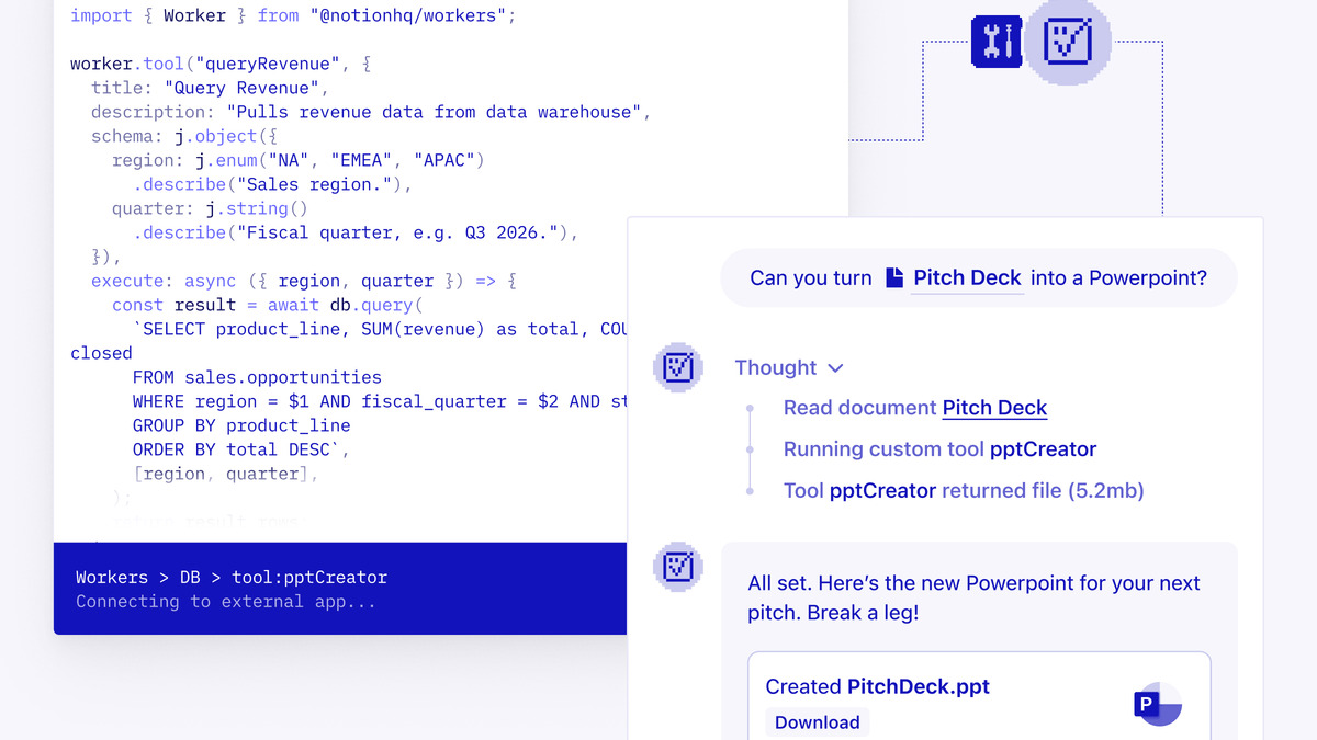 Notion's custom agent tooling interface showing code-based tools for agents