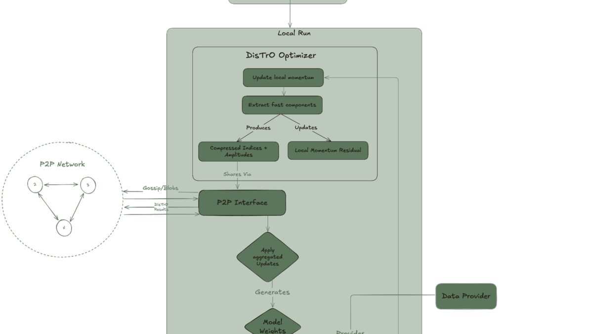 Diagram of the Psyche network showing the DisTrO optimizer, P2P node network, and Solana coordinator