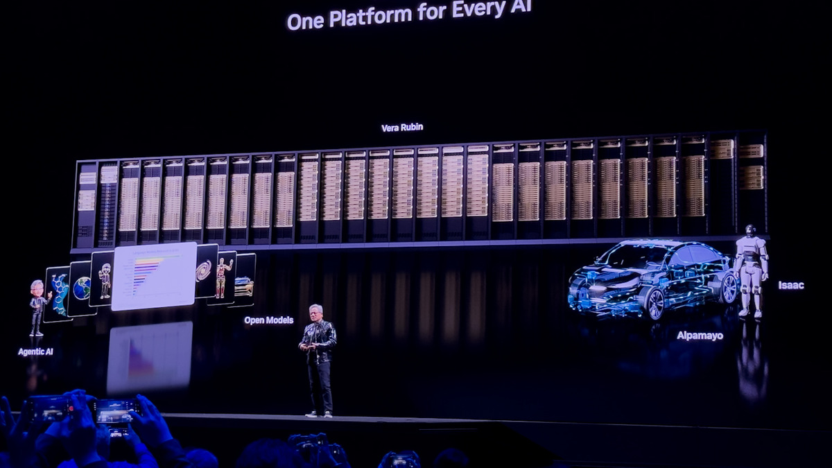 Jensen Huang presenting at NVIDIA's CES 2026 keynote