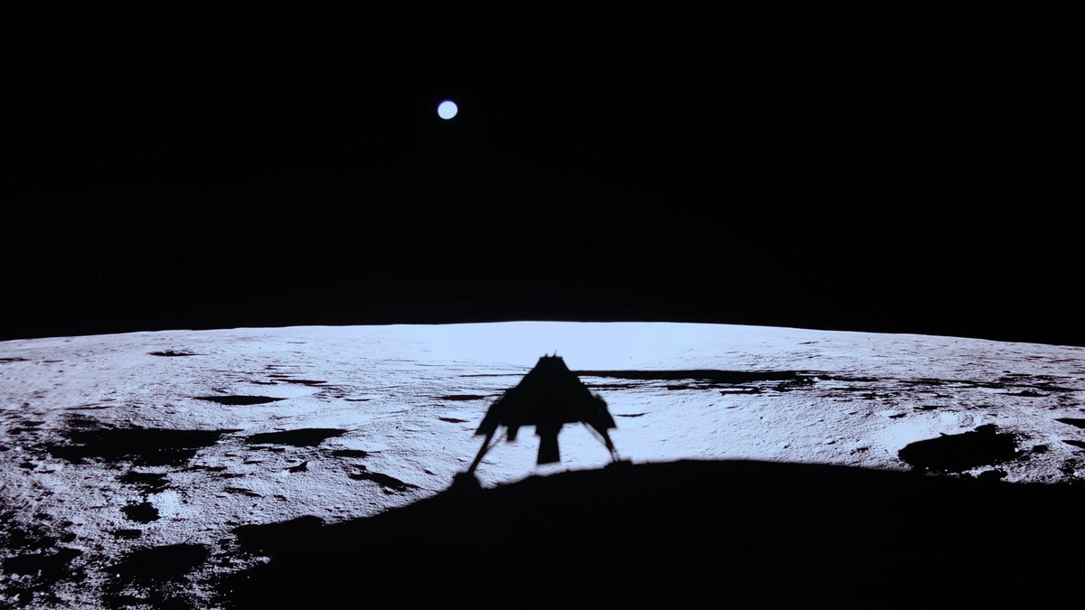 Silhouette of a lunar lander against the Moon's horizon and a distant Earth