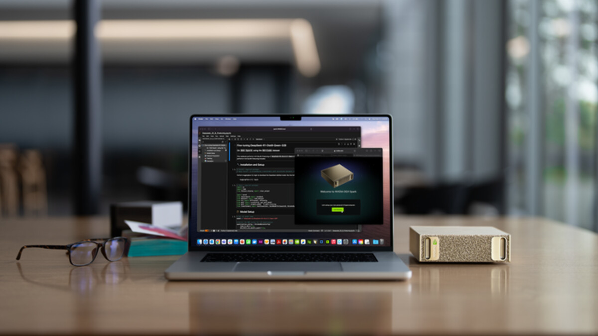 NVIDIA DGX Spark, a compact personal AI computer, sitting next to a laptop on a desk