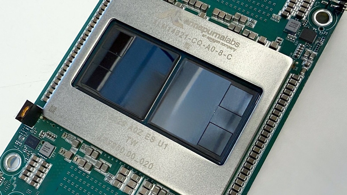 Amazon's Trainium3 chip on circuit board - the AI training accelerator Odyssey will deploy as part of its AWS partnership