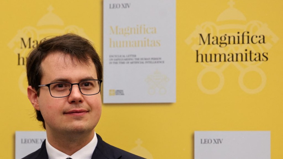 Christopher Olah attends the news conference in the Vatican's Paul VI Hall after the Magnifica Humanitas presentation, May 25, 2026