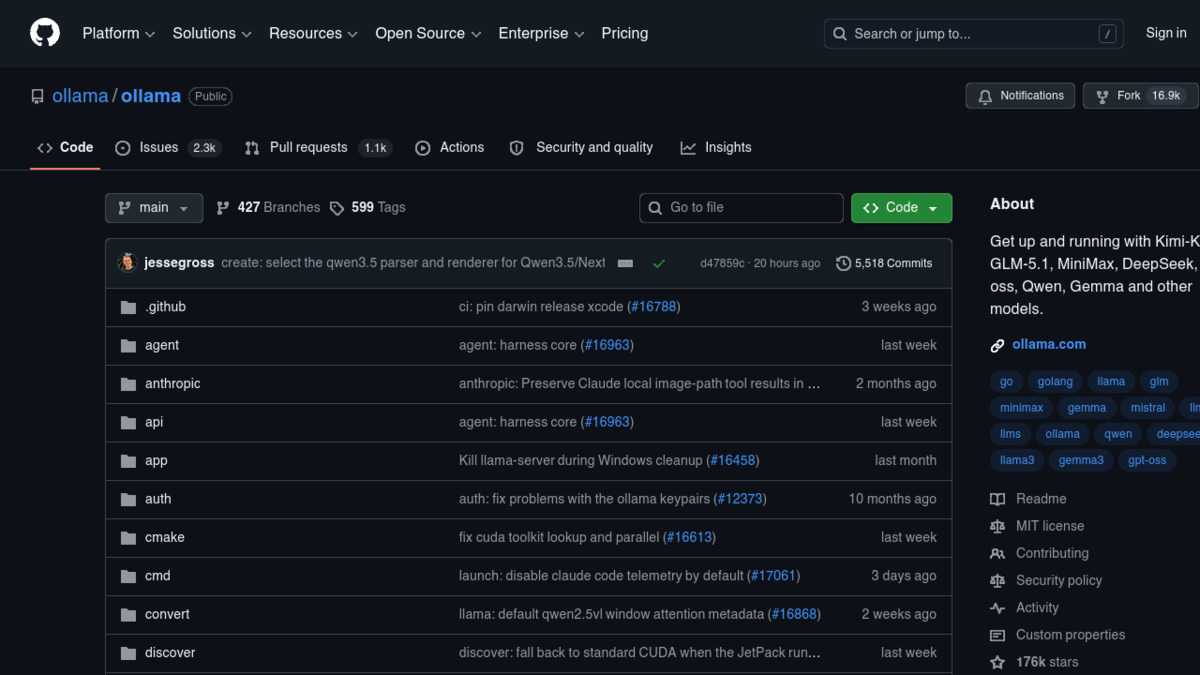 Ollama's GitHub repository showing 176,000+ stars