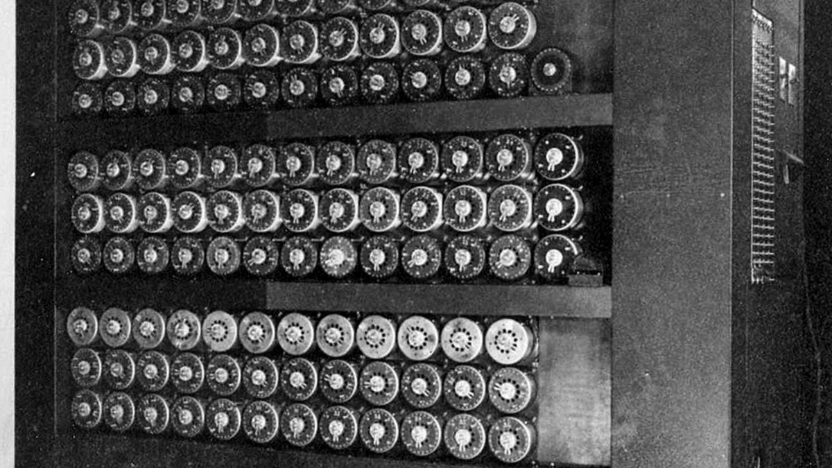 Wartime photograph of a Bletchley Park Bombe machine used to break Enigma ciphers