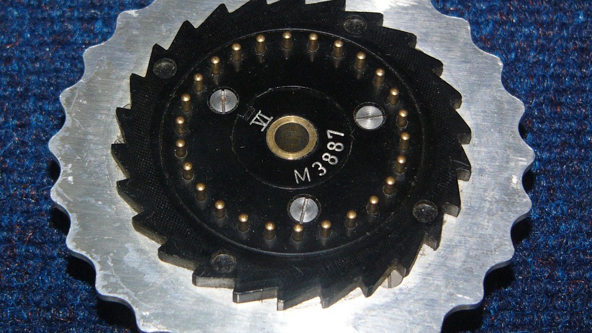 Close-up of a Naval Enigma rotor showing its wiring and letter ring