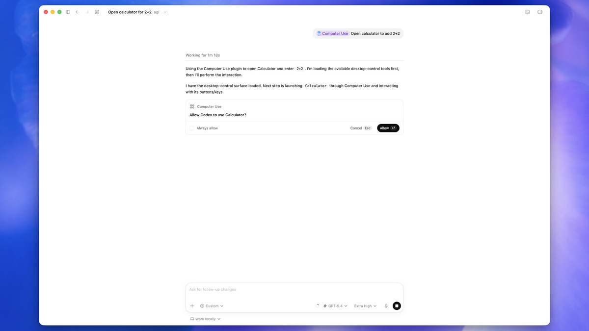 Codex computer use approval dialog for a Mac app
