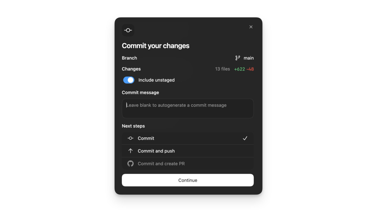 Codex Git commit panel showing inline diff review with chunk-level staging controls