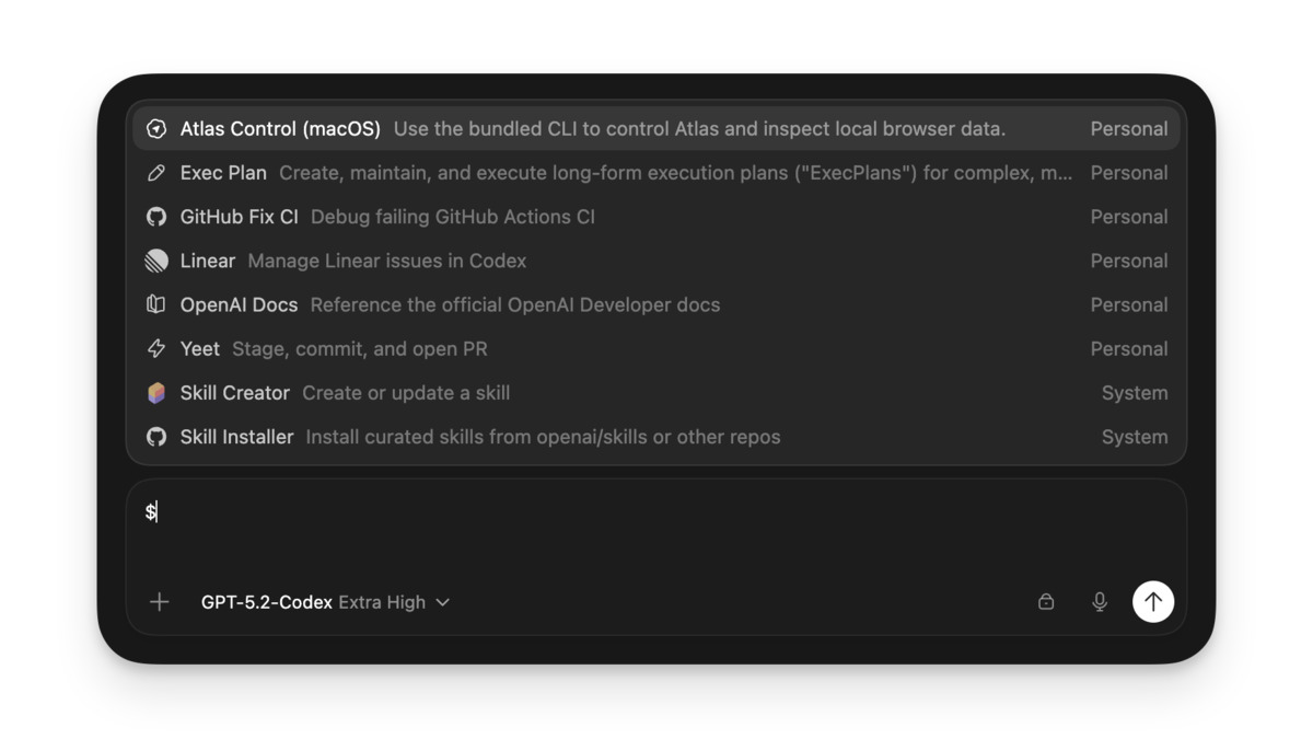 Codex Skills selector showing available skill packs including WinUI and .NET integrations