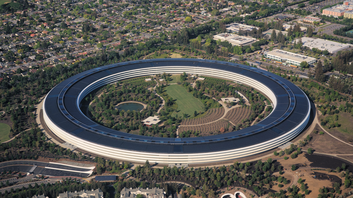 Aerial view of Apple Park, Apple's circular headquarters in Cupertino, California
