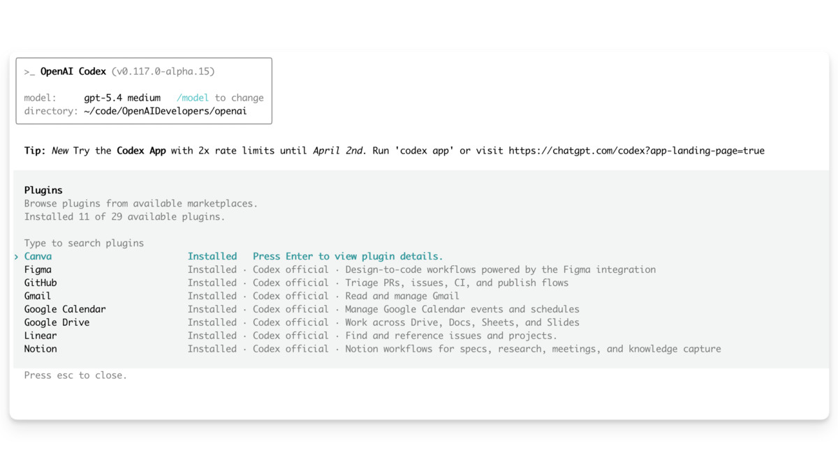 Codex CLI interface showing an active plugin session with tool calls visible