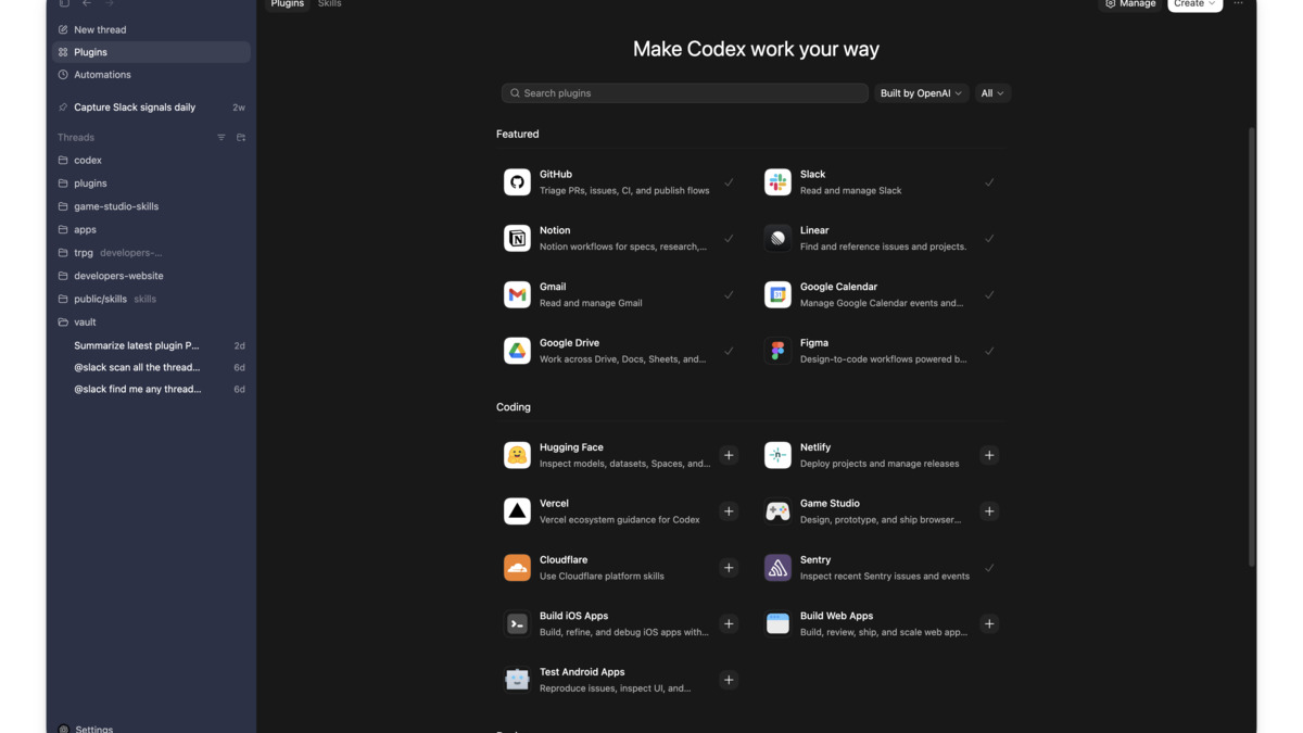 The Codex plugin directory showing available integrations including Slack, Notion, and Figma