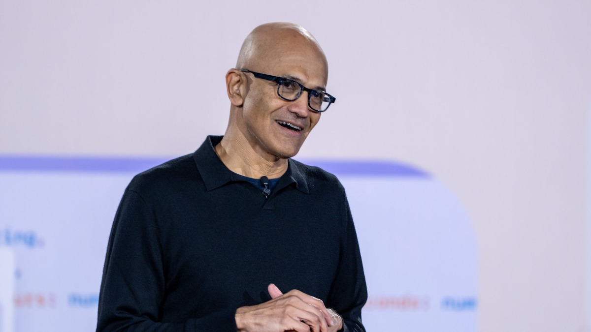 Microsoft CEO Satya Nadella speaking at the company's 50th anniversary event in April 2025, around the time internal OpenAI-Microsoft frictions were beginning to surface publicly