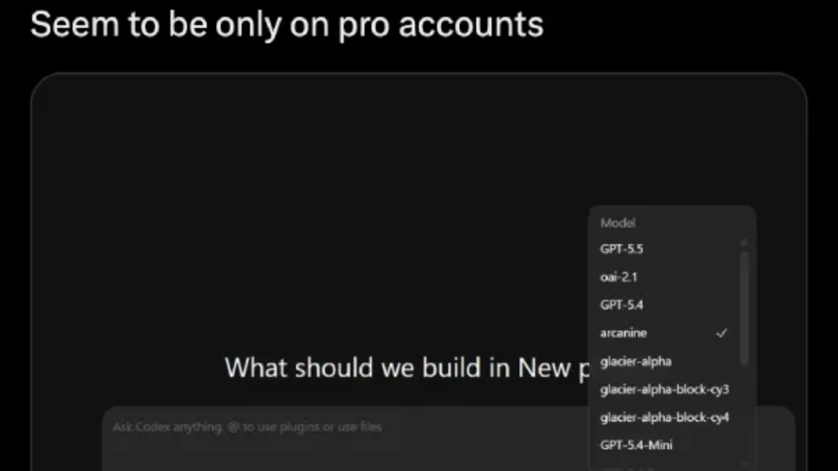 GPT-5.5 appearing in Codex's model picker, showing GPT-5.5 and GPT-5.5 Pro as available options