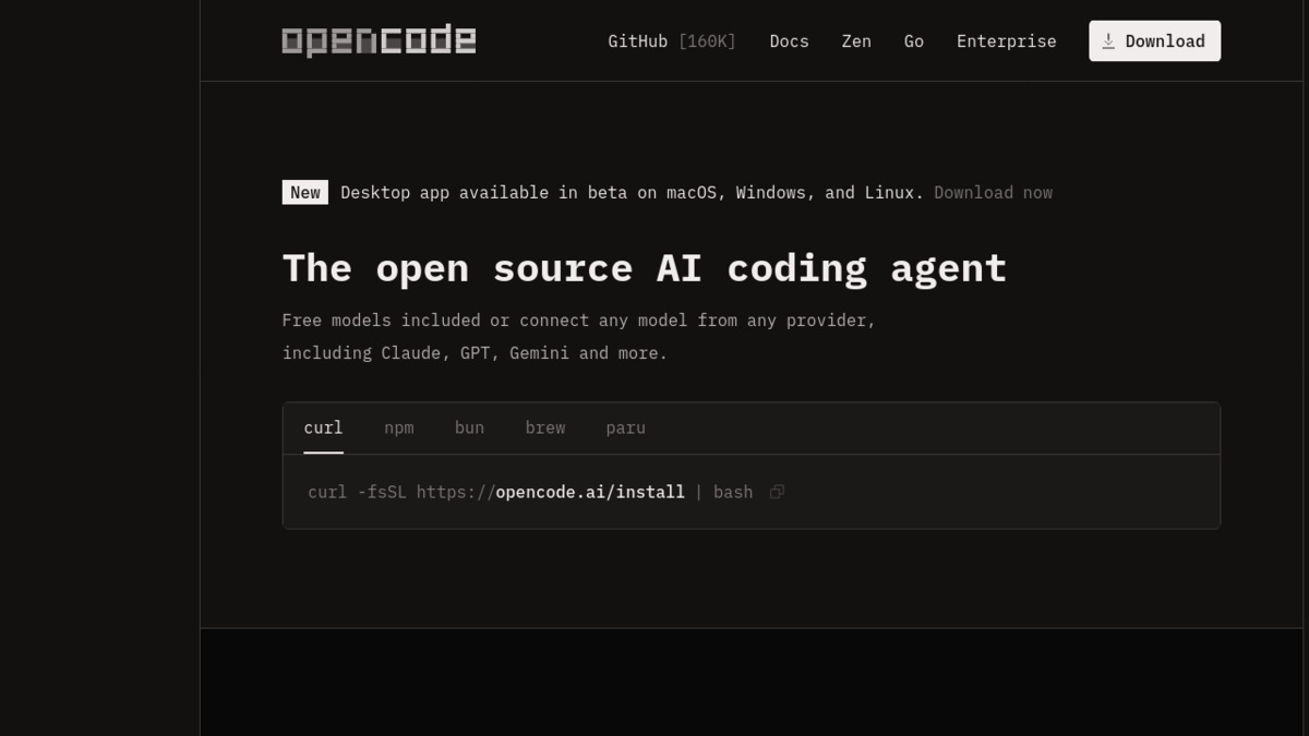 OpenCode's homepage showing terminal, IDE, and desktop deployment options