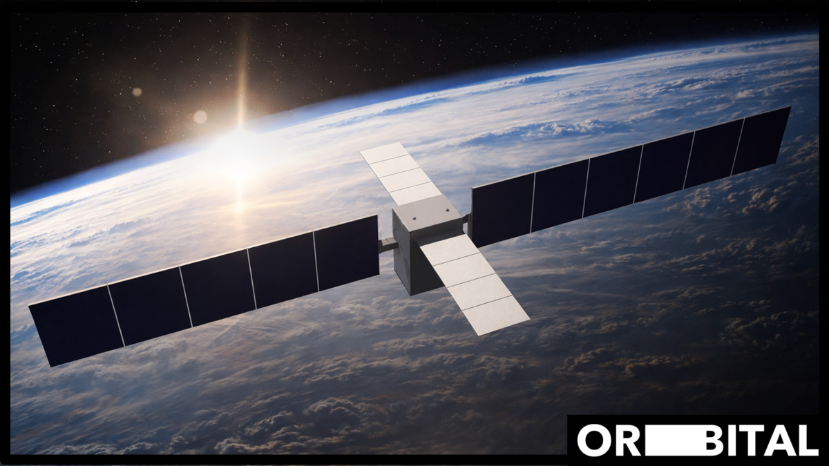 Artist's render of Orbital's satellite concept, showing extended solar panels and GPU compute module