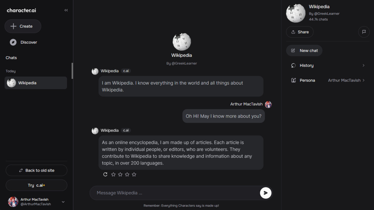 A Character.AI conversation screenshot showing the platform's roleplay interface