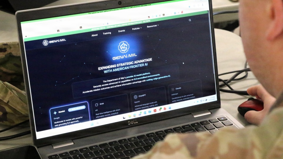 Pennsylvania Army National Guard soldiers learn to use GenAI.mil, the Pentagon's enterprise AI platform, during a training course in February 2026