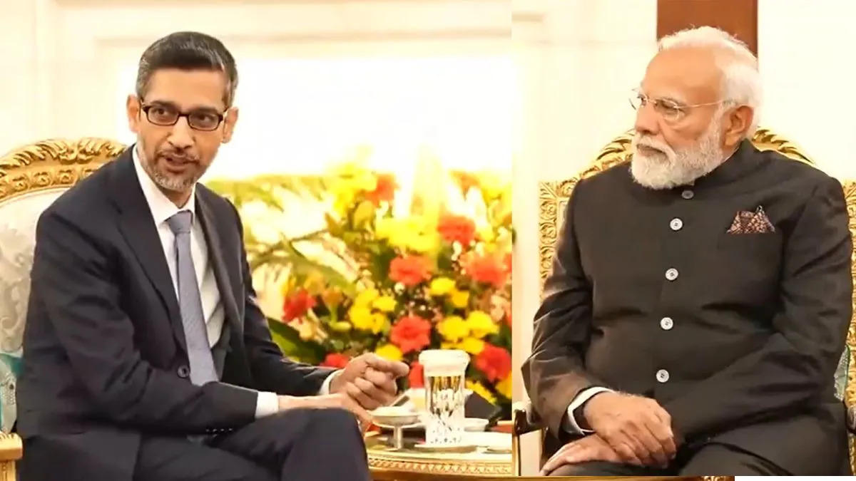 Sundar Pichai meeting with Prime Minister Modi during the India AI Impact Summit in February 2026