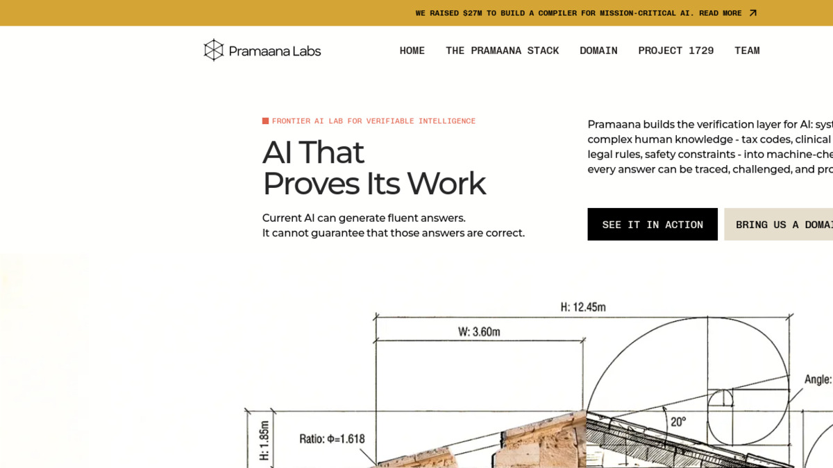 Pramaana Labs website showing its 'AI that proves its work' positioning