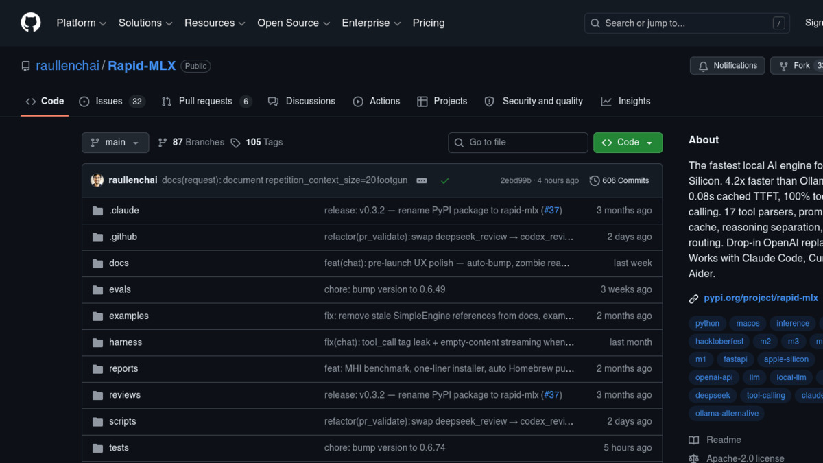 Rapid-MLX GitHub repository showing benchmark results and 2.7k stars