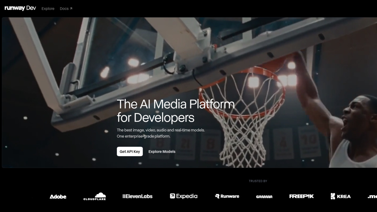 The Runway Dev homepage, showing logos for Adobe, Cloudflare, ElevenLabs, Expedia, Runware, Gamma, Freepik, and Krea under a "Trusted By" banner
