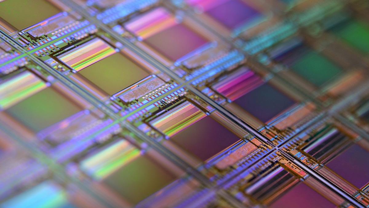 Macro photograph of a silicon wafer showing individual chip dies
