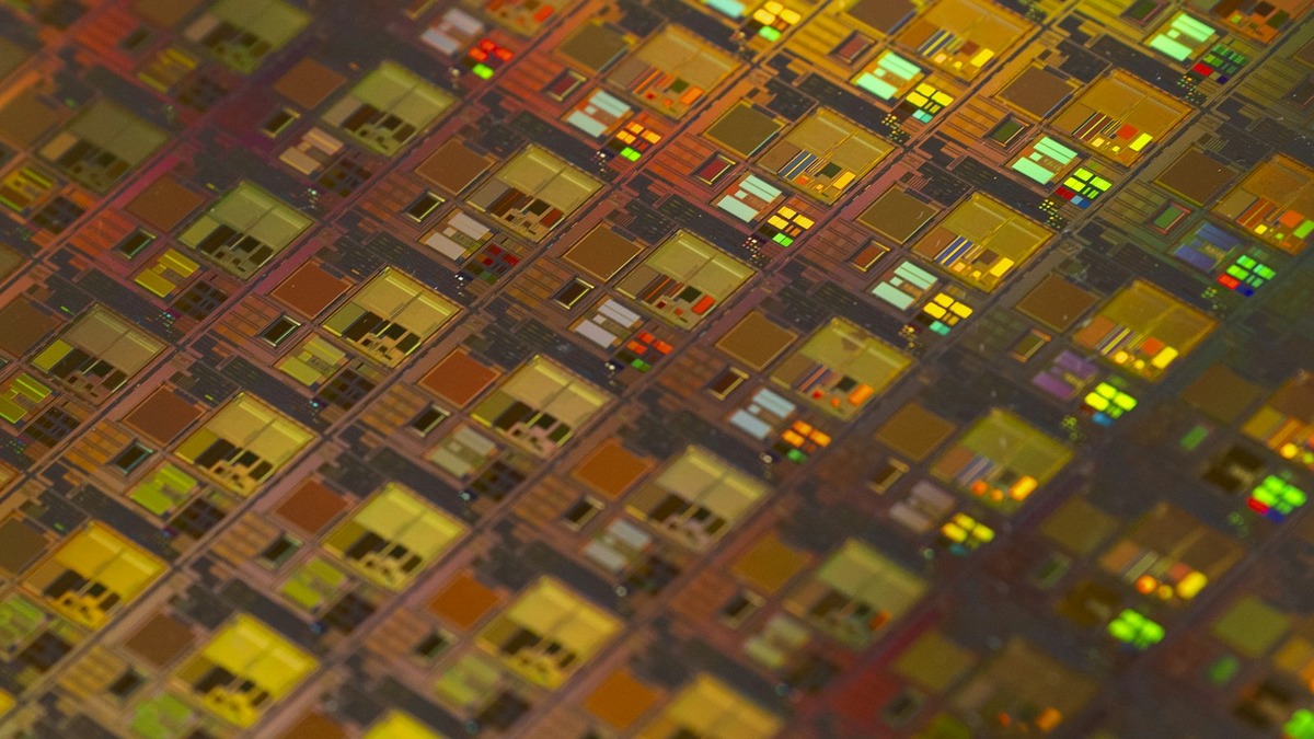 Semiconductor wafer close-up showing integrated circuit patterns