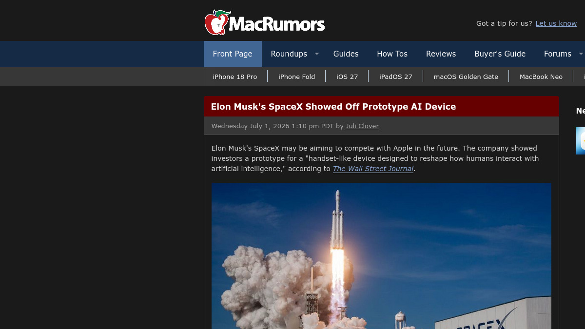 MacRumors coverage of the SpaceX AI device report, July 2026