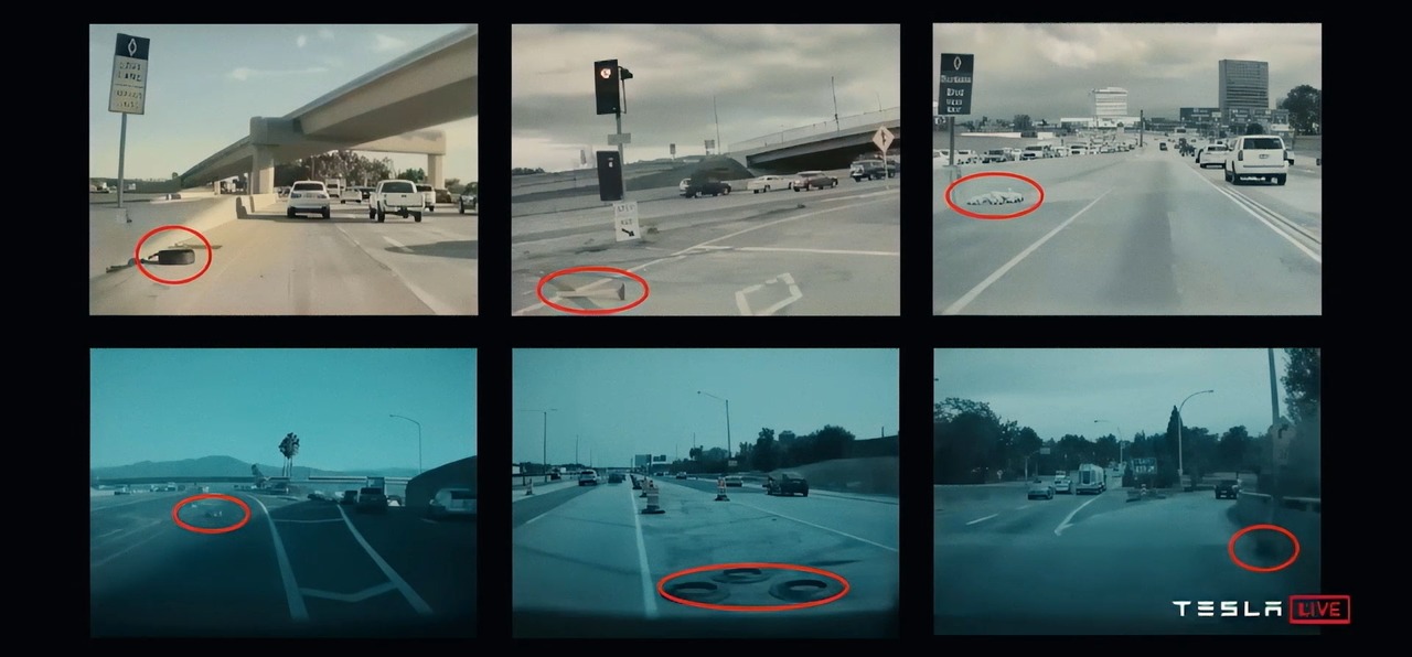 Autopilot perception visualization from RTS Temps Présent showing obstacle detection on the road ahead.