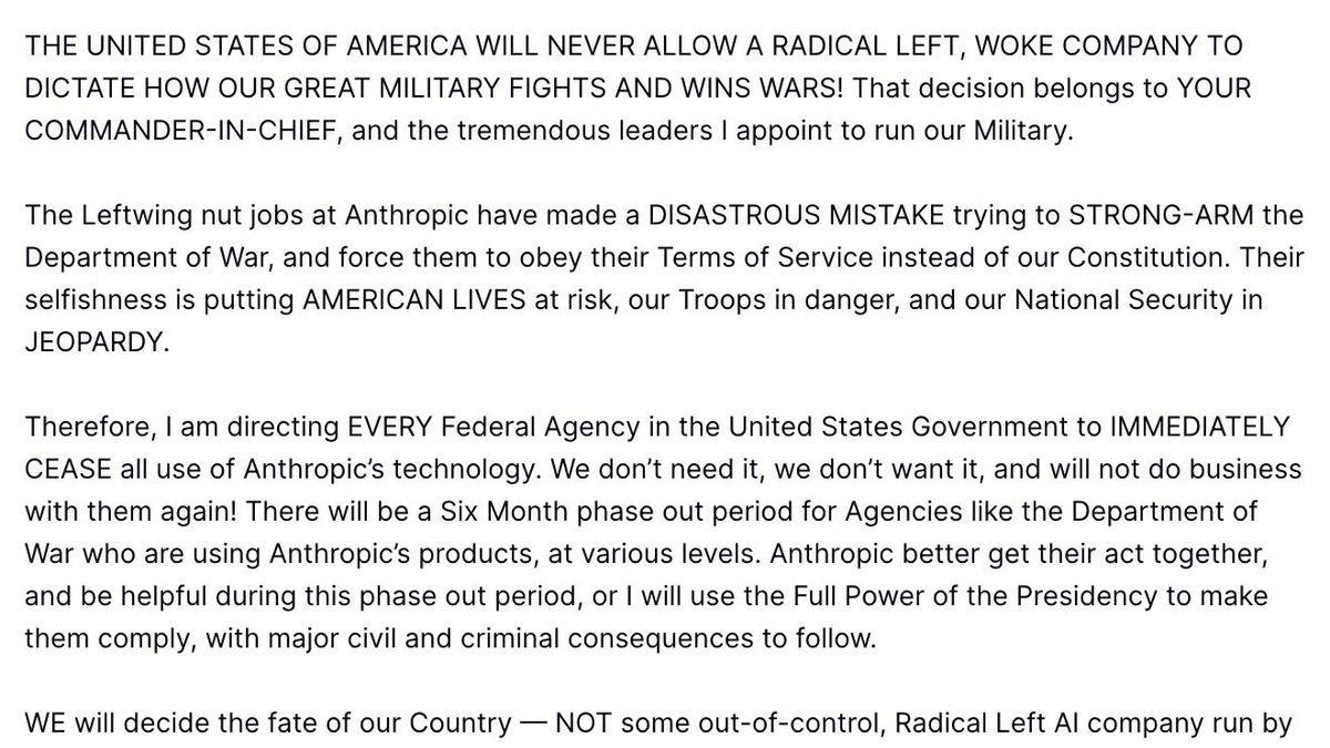 President Trump's Truth Social post ordering all federal agencies to stop using Anthropic