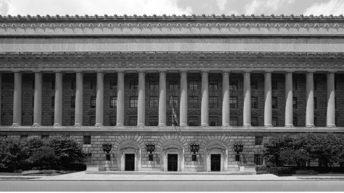 Eastern facade of the Herbert C. Hoover Building, headquarters of the US Department of Commerce