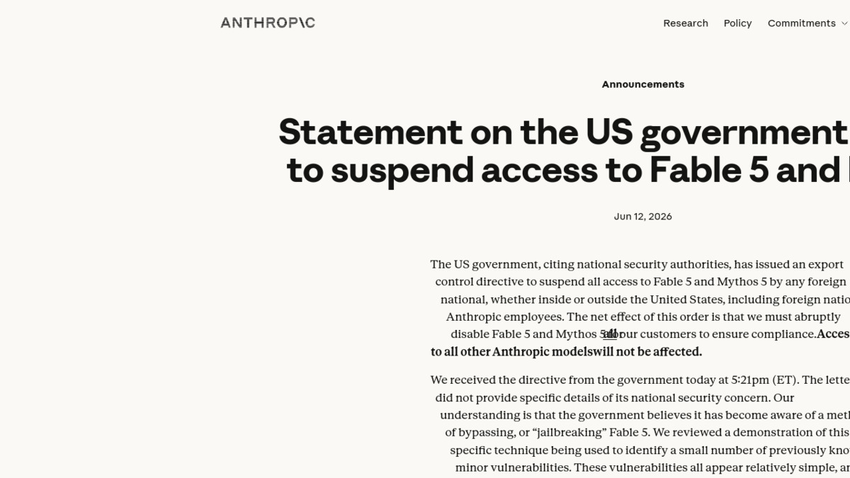 Anthropic's statement page announcing the suspension of Fable 5 and Mythos 5
