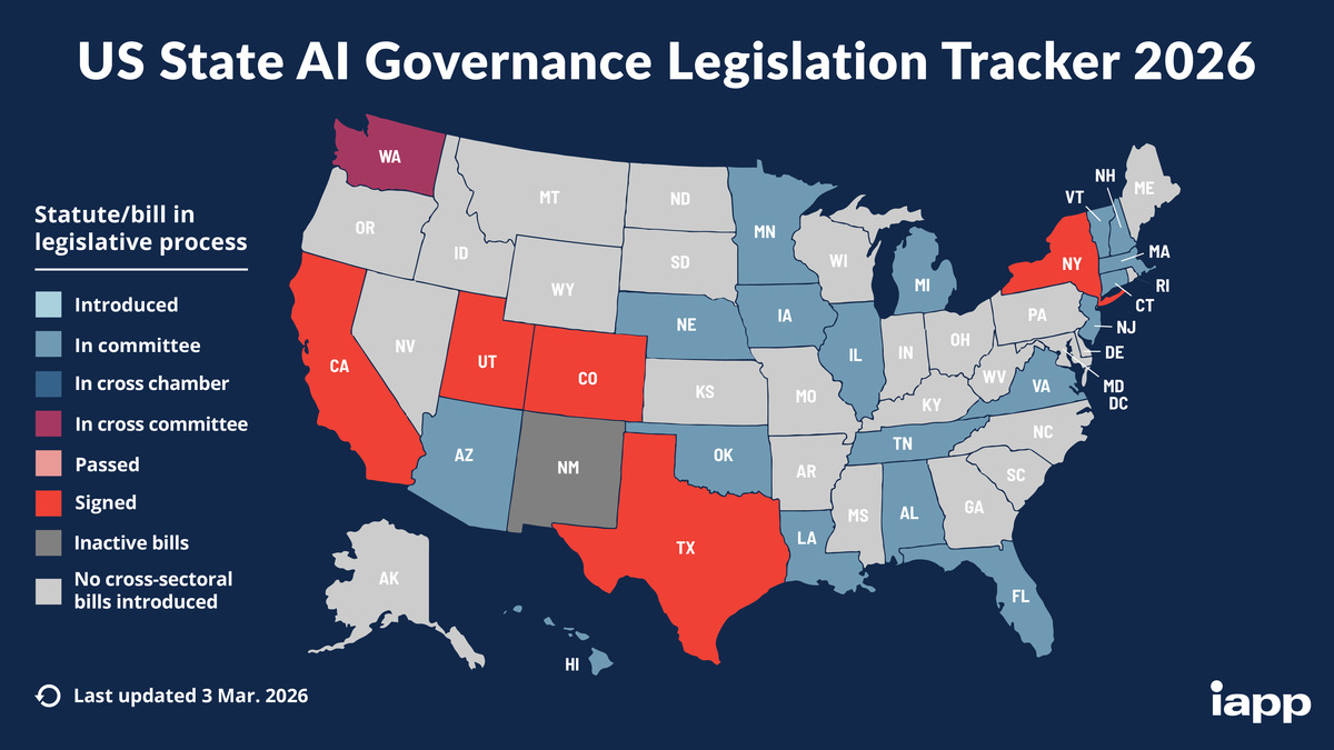 US State AI Governance Legislation Tracker map - IAPP