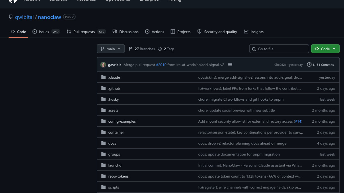 NanoClaw GitHub repository page showing 28,100 GitHub stars