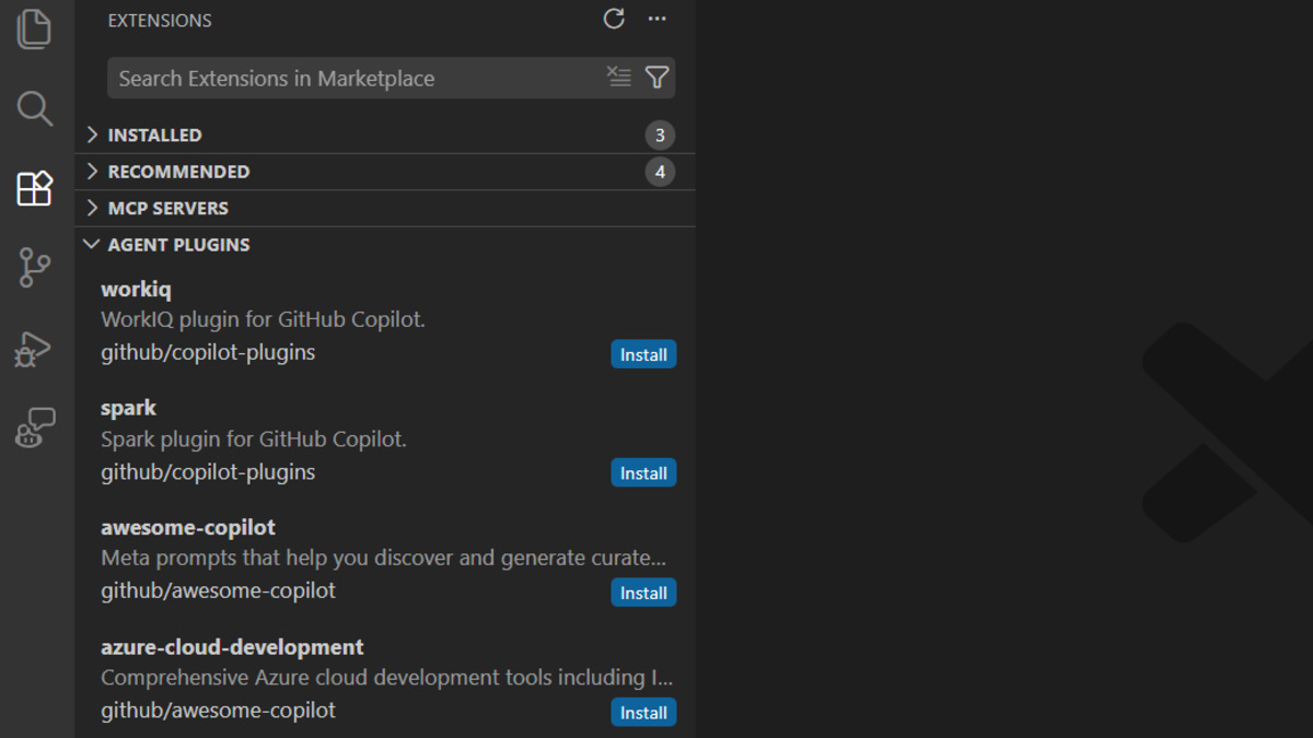 VS Code 1.110 Agent Plugins view in Extensions, showing installable MCP-based agent bundles