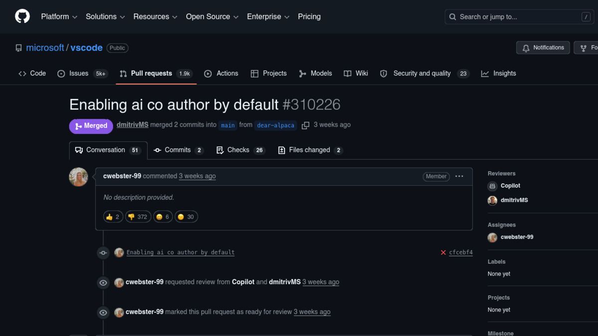 GitHub PR #310226 showing 372 thumbs-down reactions and "No description provided" from the author