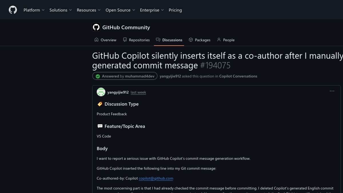 GitHub Community Discussion #194075 about Copilot silently inserting co-author into git commit messages