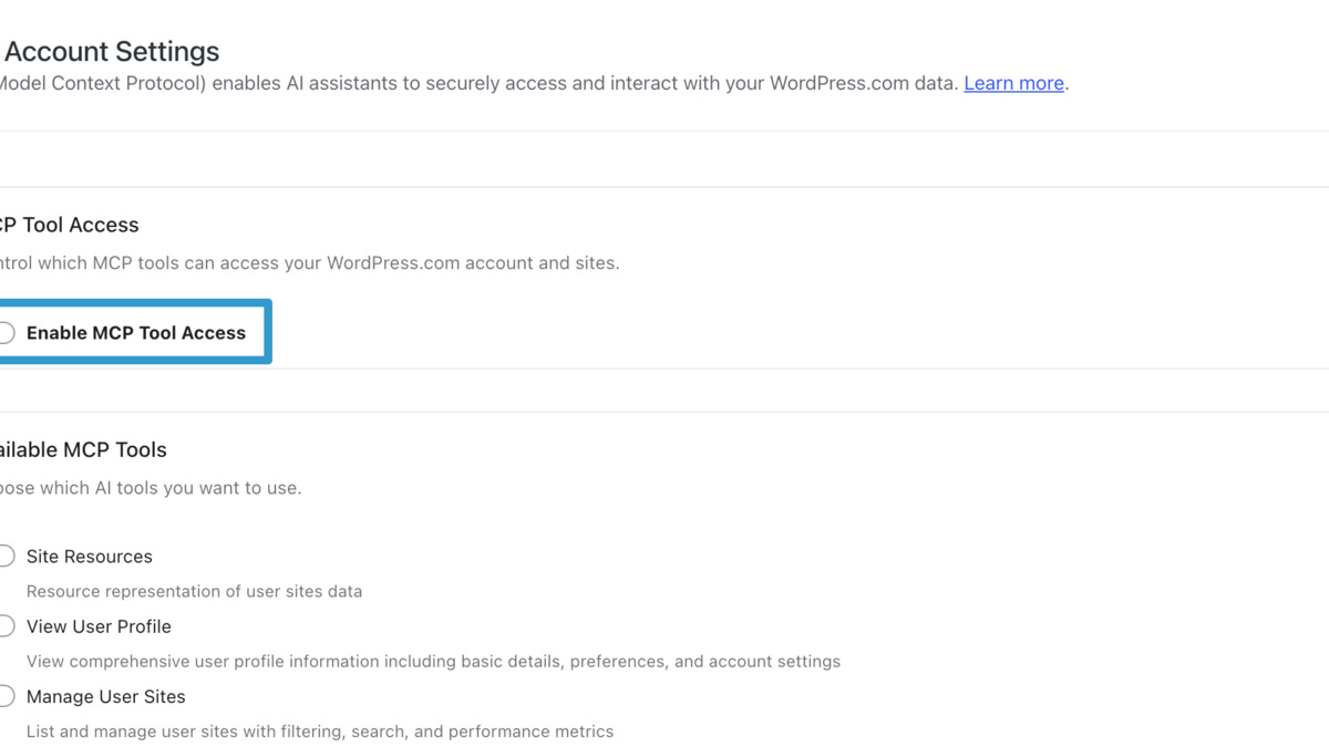 WordPress.com MCP settings panel showing per-site operation toggles